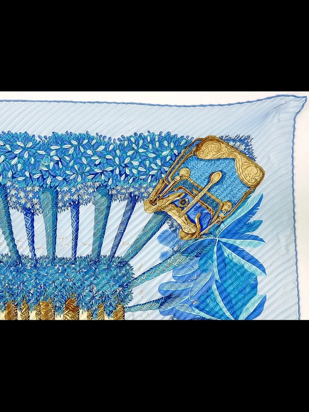 Hermes Light Blue & Gold Pleated Silk Scarf